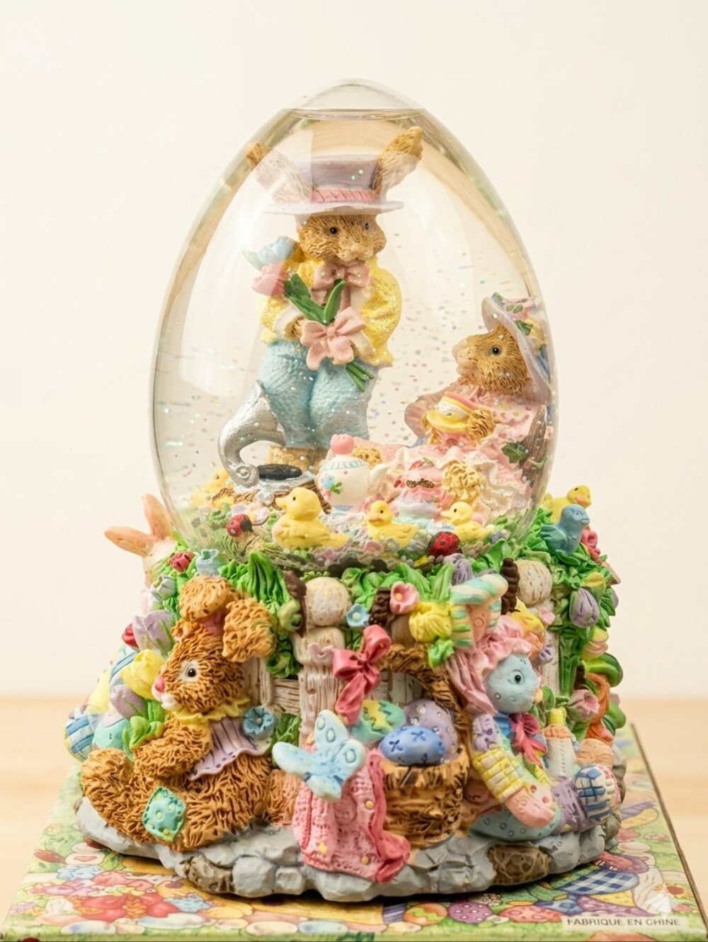 Bunny Musical Easter Egg Water Globe Spring Cottagecore Retro Nursery Pastel